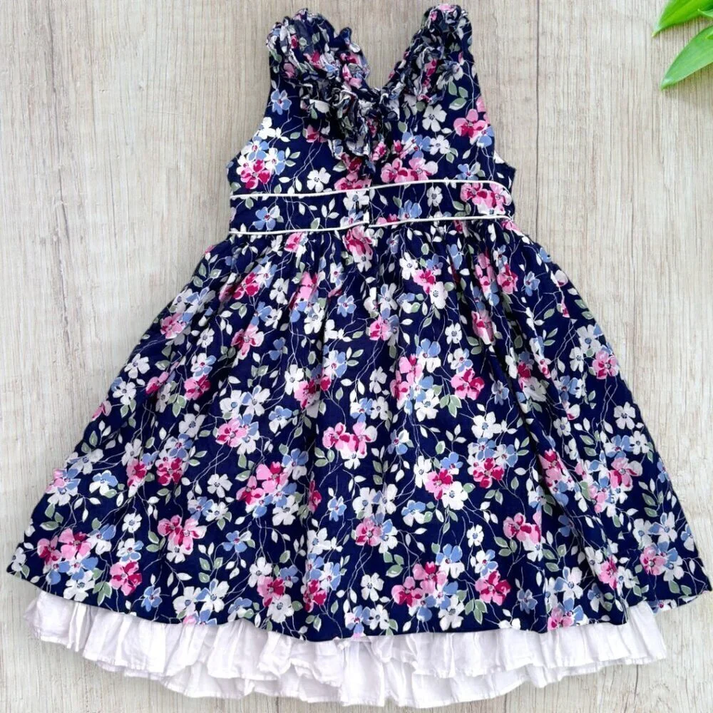 Ralph Lauren Girls Navy Floral Party Dress Ruffle Sleeveless Cotton Easter 6